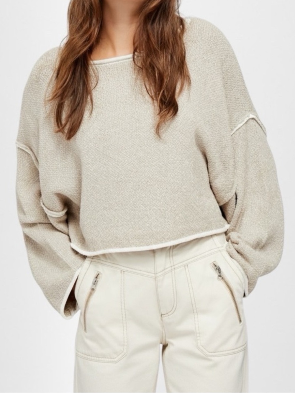 Free People Bardot Cropped Boxy Sweater • in Sand Dollar